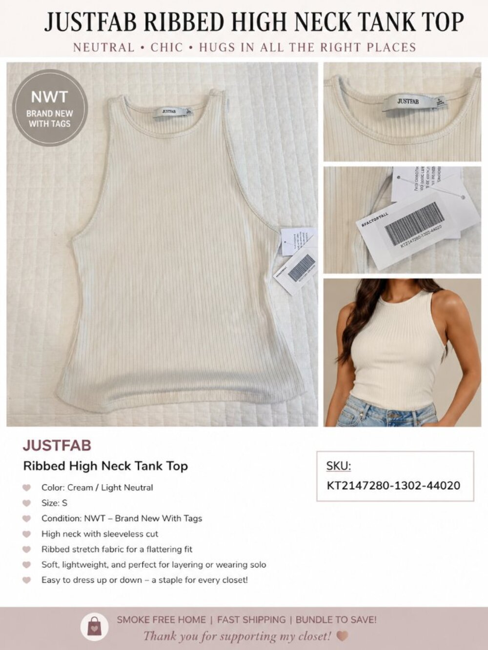 JustFab Ribbed Sleeveless Tank Top Cream High Neck NWT Small